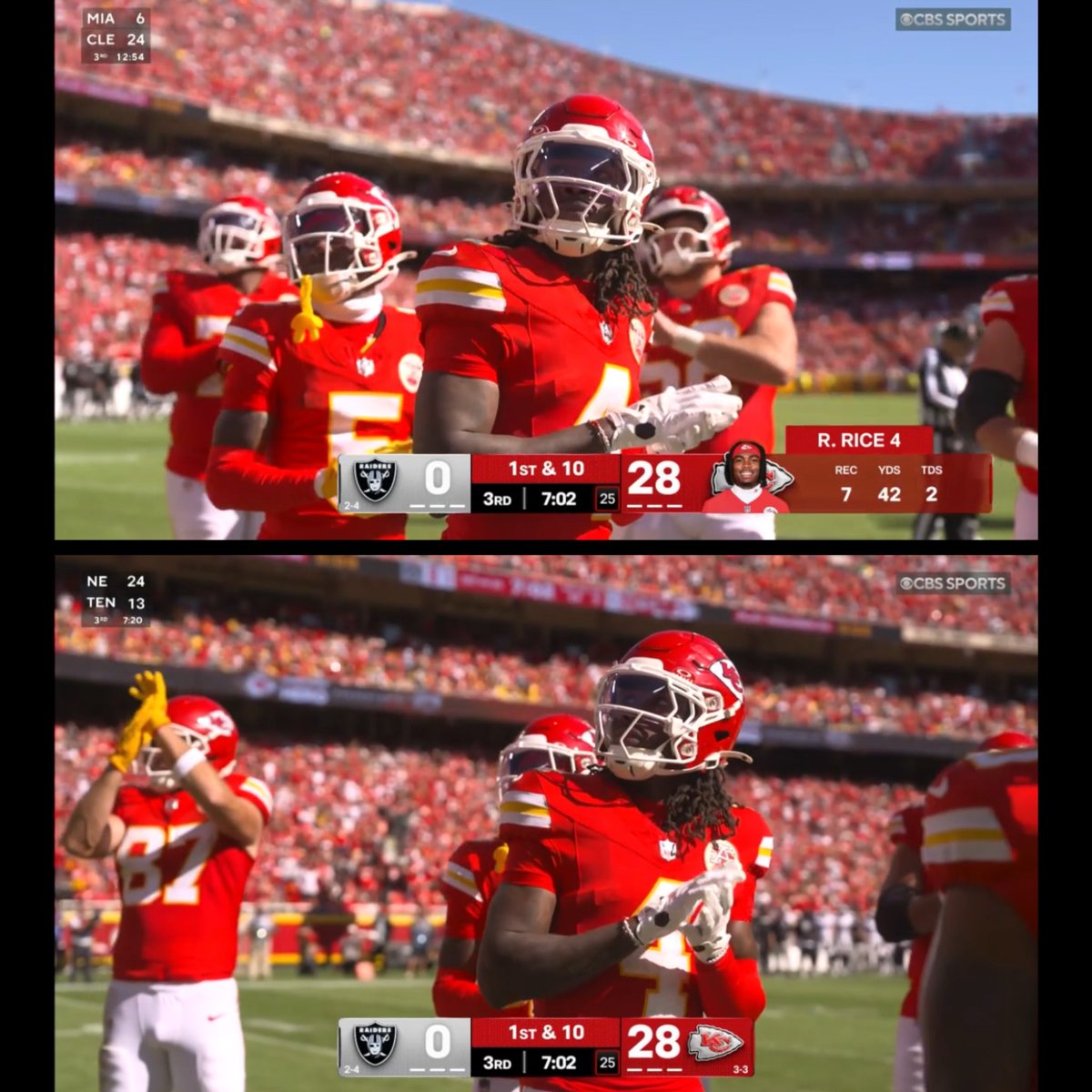 Farzin21's tweet photo. My favorite part of the Chiefs game wasn’t the blowout win over the Raiders. It was seeing the entire Chiefs offense mid-huddle clap for the veteran that was being recognized at Arrowhead 🫡🇺🇸🙌 https://t.co/fwJ7f20E5c
