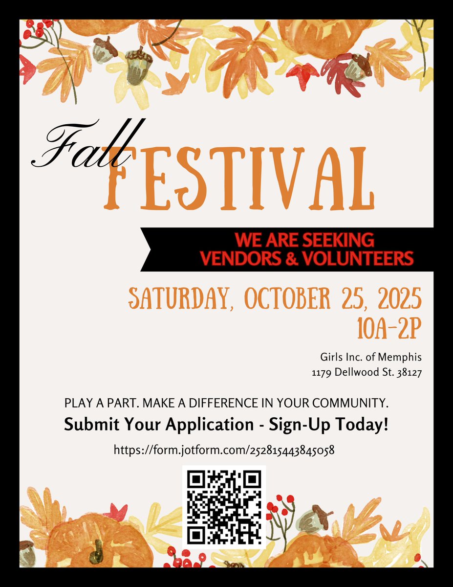 girls_memphis's tweet image. Calling all vendors and volunteers! 🙌
Be part of our Fall Festival: Farm to Family on Saturday, October 25.
Help us make this community celebration unforgettable!
✨ Sign up here: form.jotform.com/252815443845058
#GirlsIncMemphis #CommunityStrong #FallFestival #MemphisEvents