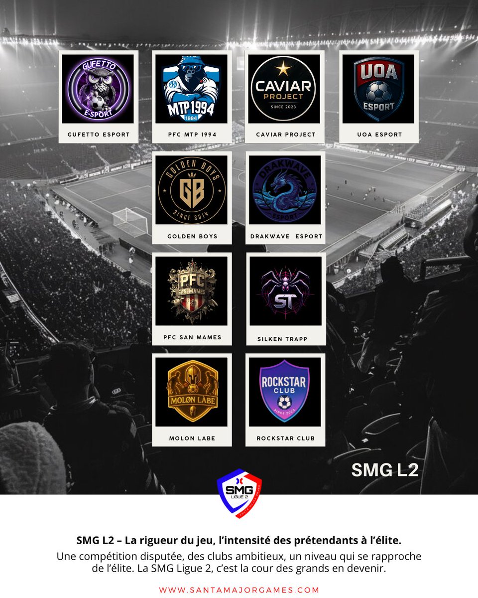 SMG L2  🇫🇷  – Le terrain des challengers ⚡
La saison #SMGL2 est lancée !
Courage, stratégie et passion sont au rendez-vous. Chaque équipe veut prouver sa valeur et viser la montée.
Le spectacle commence maintenant !

🔗 santamajorgames.com