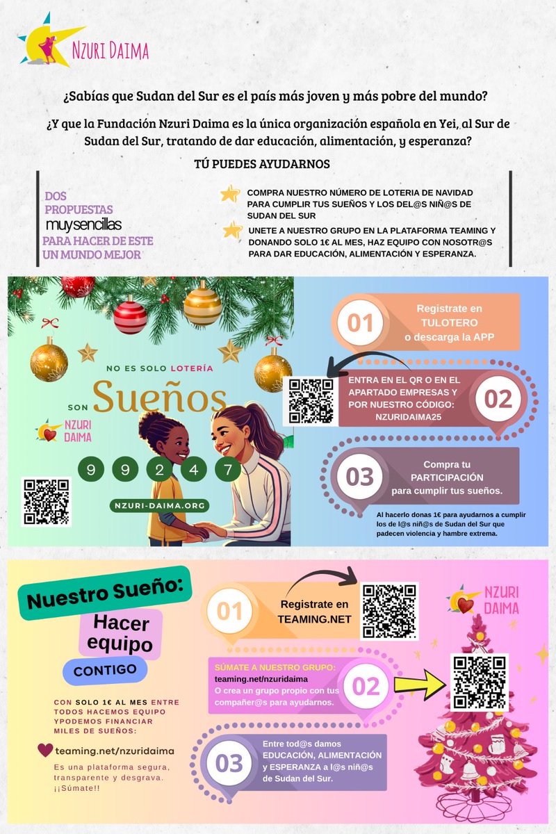 🎄 No es solo Lotería, son sueños compartidos.
Al comprar tu participación del número 99247, donas 1 € para dar educación, alimentación y esperanza a lxs niñxs de Sudán del Sur .

Entra en TuLotero, usa el código NZURIDAIMA25 y ayúdanos a cumplir muchos sueños.

✨ #nzuridaima