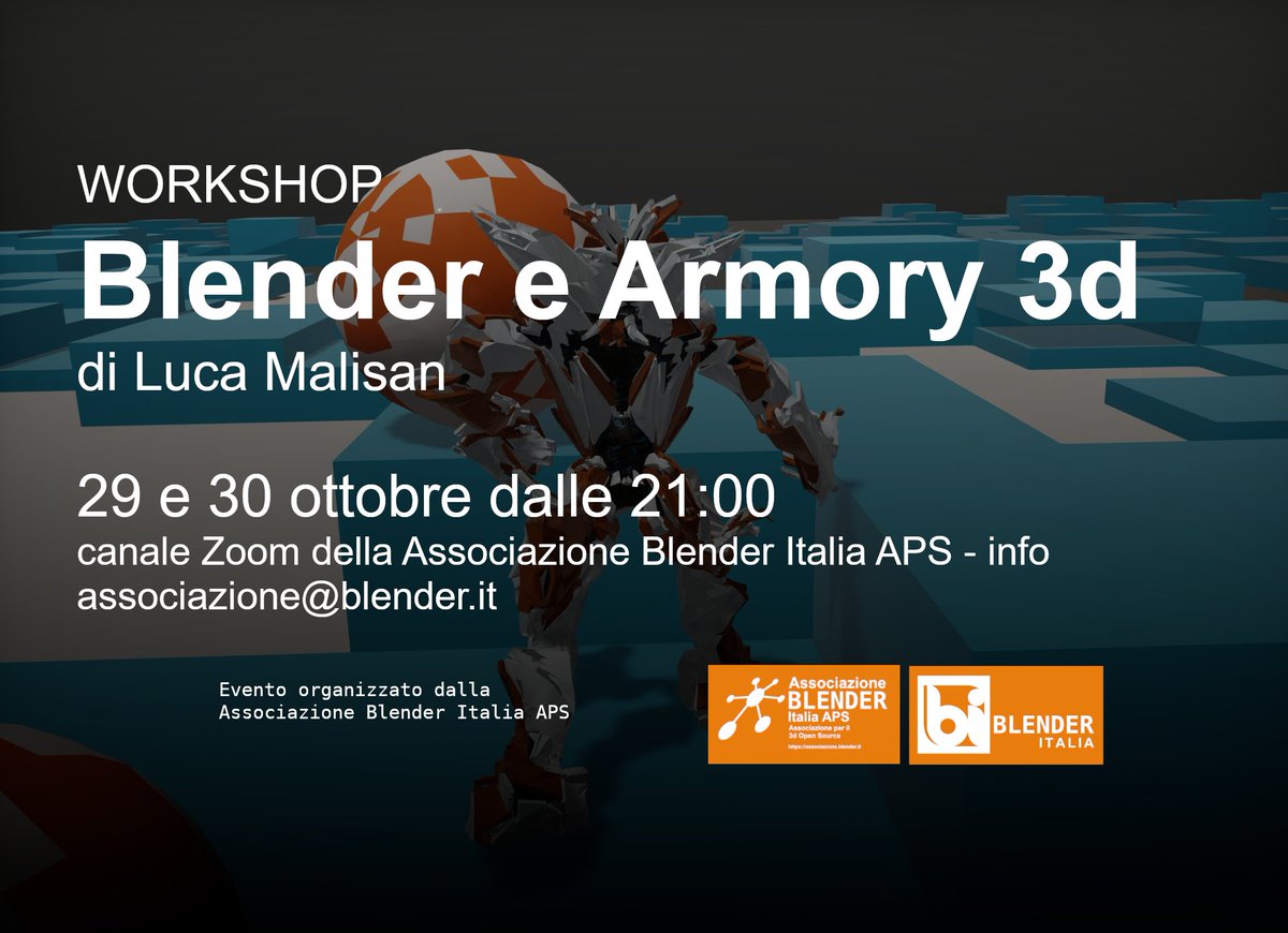 Ho il piacere di annunciare il prossimo workshop tenuto da Luca Malisan. Il workshop sarà disponibile sulla piattaforma Zoom della Associazione Blender Italia APS il 29 e 30 ottobre dalle 21:00 Per info associazione@blender.it