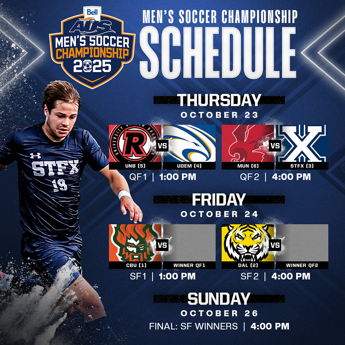 StFXAthletics's tweet image. The stage is set 🏆

The X-Men will face Memorial on Thursday at 4:00 PM in quarterfinal action of the AUS Men’s Soccer Championship at STFX Stadium! 

Tickets are still available so get them while they last 🎟️

goxgo.ticketpro.ca/en/pages/AUSMSC

#GOXGO