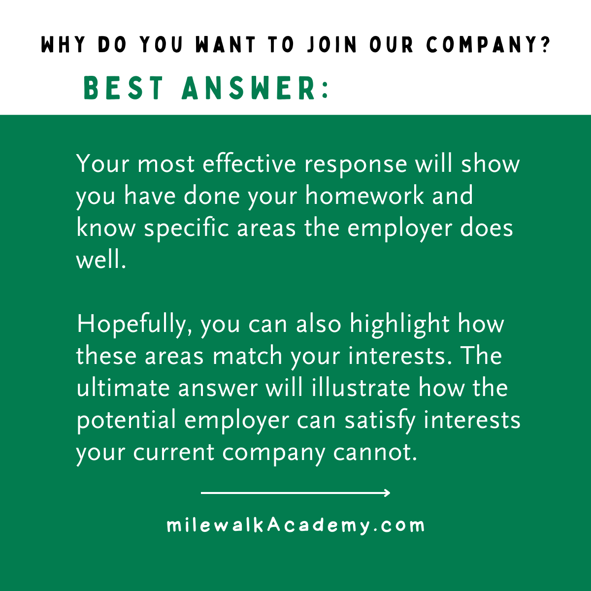 arlacivita's tweet image. Learn more details on the best way to answer "Why do you want to join our company?" inside my free Ace Your Job Interview download.
Available here on the milewalk Academy website! zurl.co/qoIkM
#jobinterview #interviewquestionsandanswers #interviewingtips