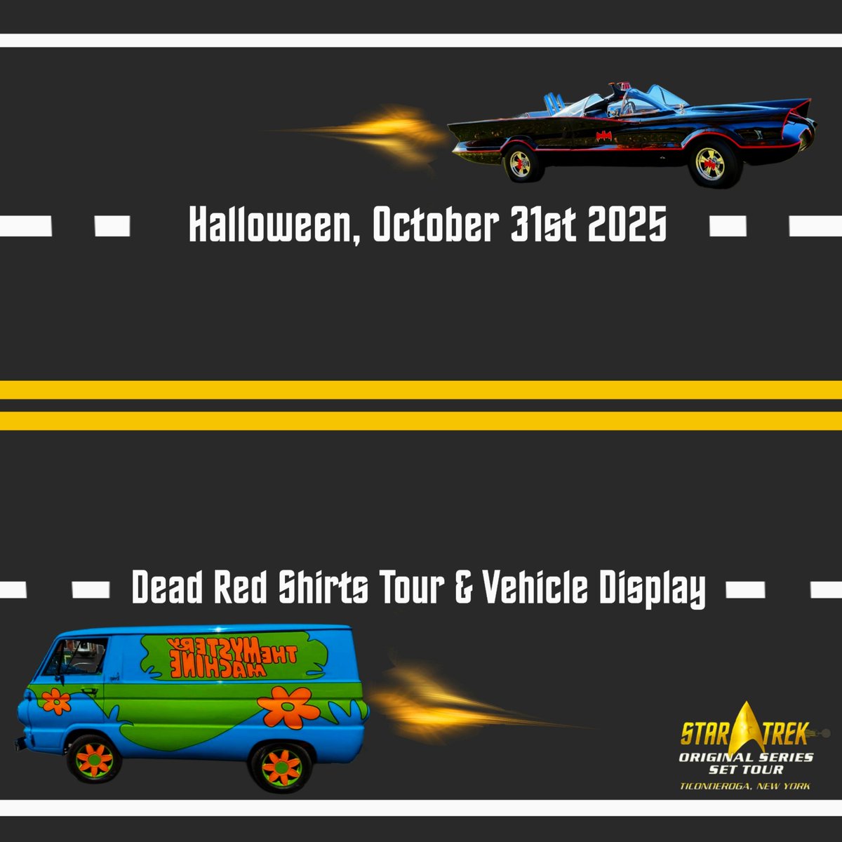 startrektour's tweet photo. Calling all ascots, go-go boots, capes and cowls! Join us in costume on Halloween and take advantage of our vehicle display!
🎟 limited tickets available below 🎟 https://t.co/hSKq5dZC2j
#DeadRedShirtsTour #Halloween #ScoobyDoo #Batman #StarTrek #Events #TOS #SetTour https://t.co/2FYMlmFpxI