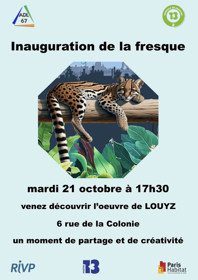 🎨 Nouvelle fresque street-art dans le quartier ! L'association ADL67 et <a href="/2Paris13/">CQ 2 - Butte aux Cailles</a> qui a financé cette magnifique œuvre de <a href="/Louyz_artomur/">Louyz</a> vous invitent à son inauguration le 21/10 🔽, en présence de l’artiste et de tous ceux qui ont contribué : #RIVP, <a href="/Paris_Habitat/">Paris Habitat</a>, <a href="/mairiedu13/">Mairie du 13e</a>