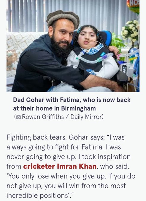 They refused to treat her. He refused to give up. Today, Fatima Ali’s father stands victorious — with Imran Khan’s(<a href="/ImranKhanPTI/">Imran Khan</a>) philosophy in his heart: ‘Never give up.’ 
#ہماری_رگوں_میں_ہے_نظریہ_عمران
#مشن_عمران_خان_کی_رہائی