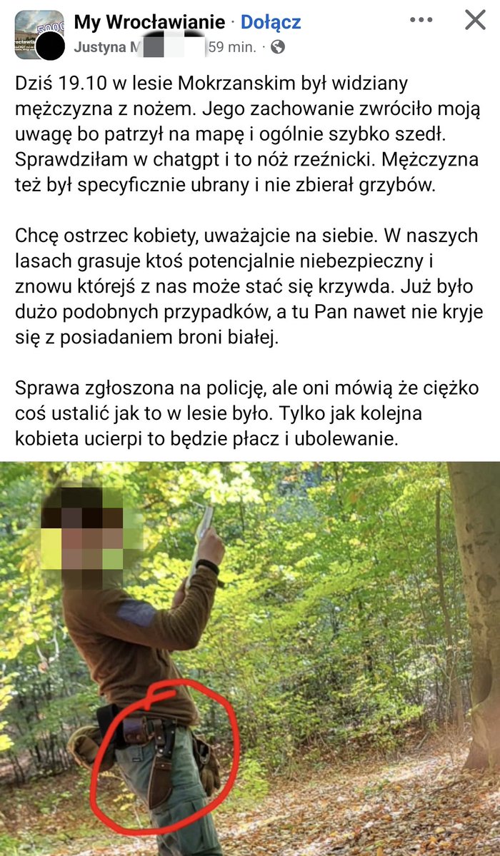 Chłop w lesie z nożem. Co robi baba? Robi mu zdjęcie i wrzuca do internetu przyklejając mu łatkę "tropiciela kobiet", delikatnie mówiąc. Wali już im na łeb i to ostro.