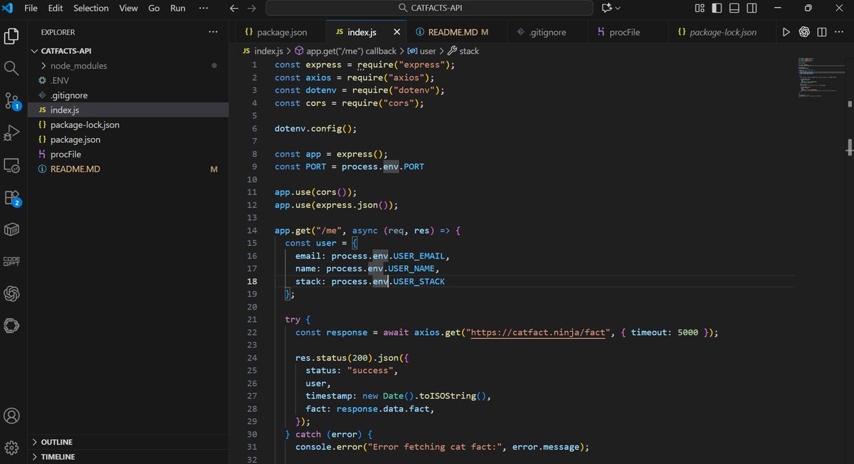HOSankeed's tweet photo. Worked on an exciting mini-project, CATFACTS-API, a simple but powerful RESTful API built using Node.js, Express, and deployed on Railway.
GitHub Repository: https://t.co/CkPHnw4wrL 
#NodeJS #ExpressJS #API #BackendDevelopment #Railway #Deployment #JavaScript #HNG https://t.co/SdLKc2ooN3