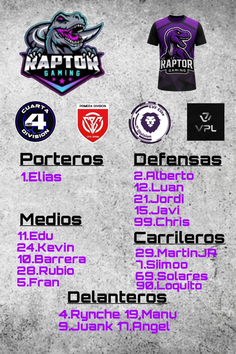 Estos son los elegidos para representar RaptorGaming en estas 4 competiciones que vamos a participar esta temporada.  Muchas caras conocidas y gente nueva que vienen a darlo todo.  🦖
#GoRaptors #FuerzaYgarra 💜🩶