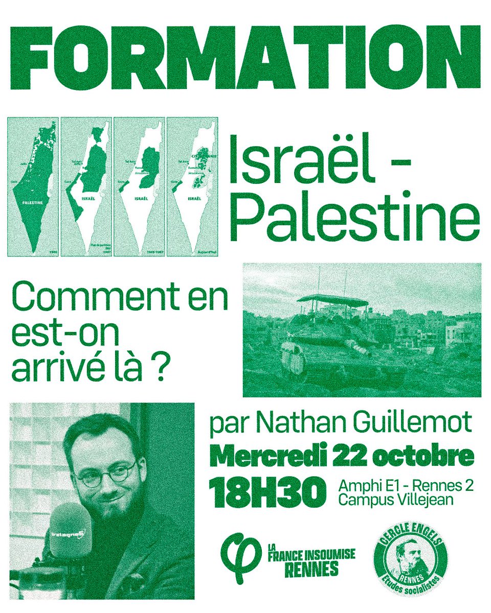JFIRennes's tweet photo. 🇵🇸 🧑‍🏫 On se retrouve ce mercredi 22 octobre à 18h30 en amphi E1 pour une formation « Israël-Palestine, comment en est-on arrivé là ? » par @nathan_gllmt ! 

Retour sur l'histoire et le projet colonial d'Israël, la lutte de libération palestinienne et le génocide en cours à Gaza. https://t.co/FhV1T1waF4
