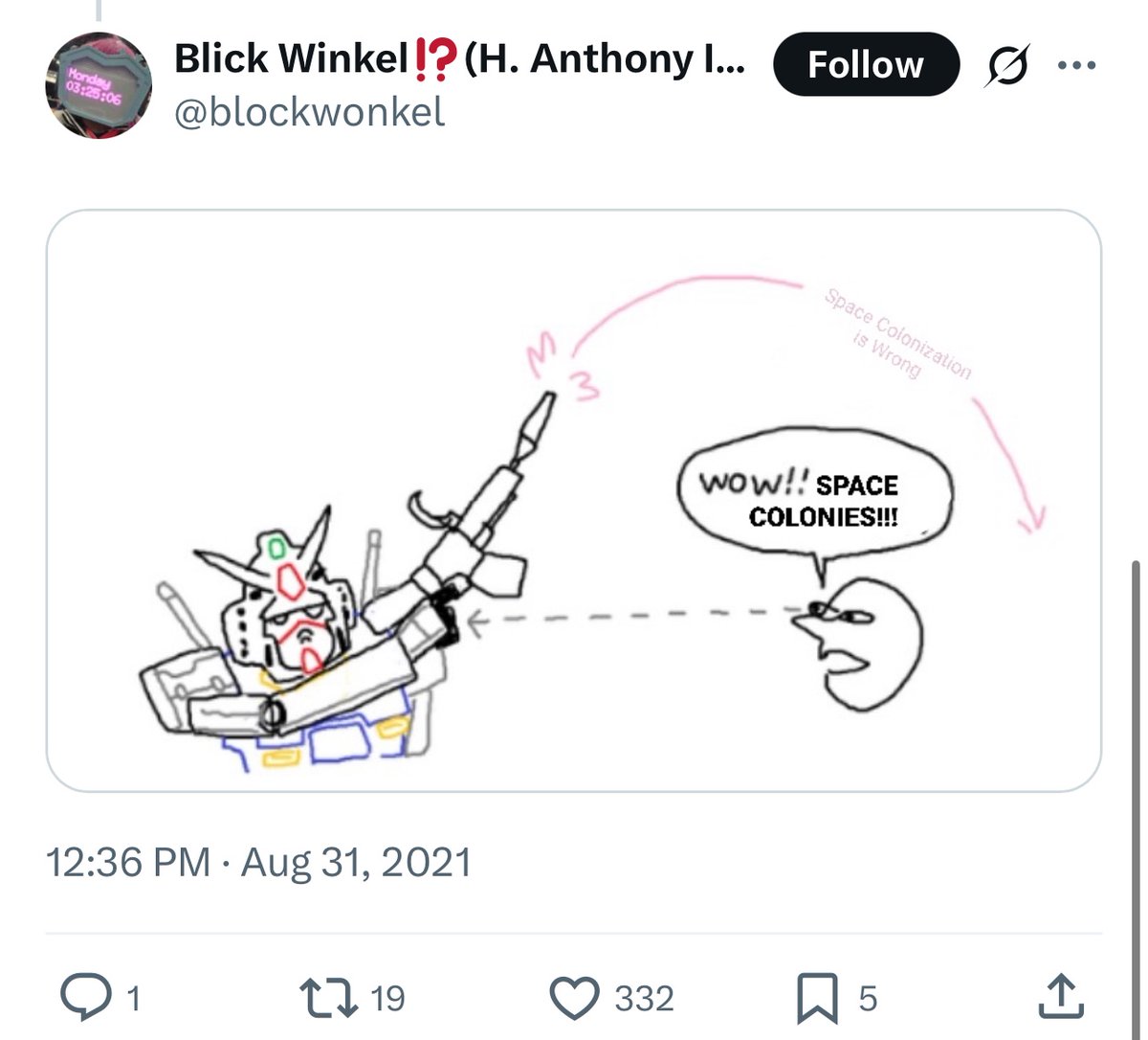 mikusingularity's tweet image. One of the opening scenes of MSG shows Zeon dropping O’Neill cylinders on the Earth.
This is apparently intended to mean that space colonization is inherently bad.
But others (including myself) thought it was just a problem with war or fascism, not space habitats themselves.