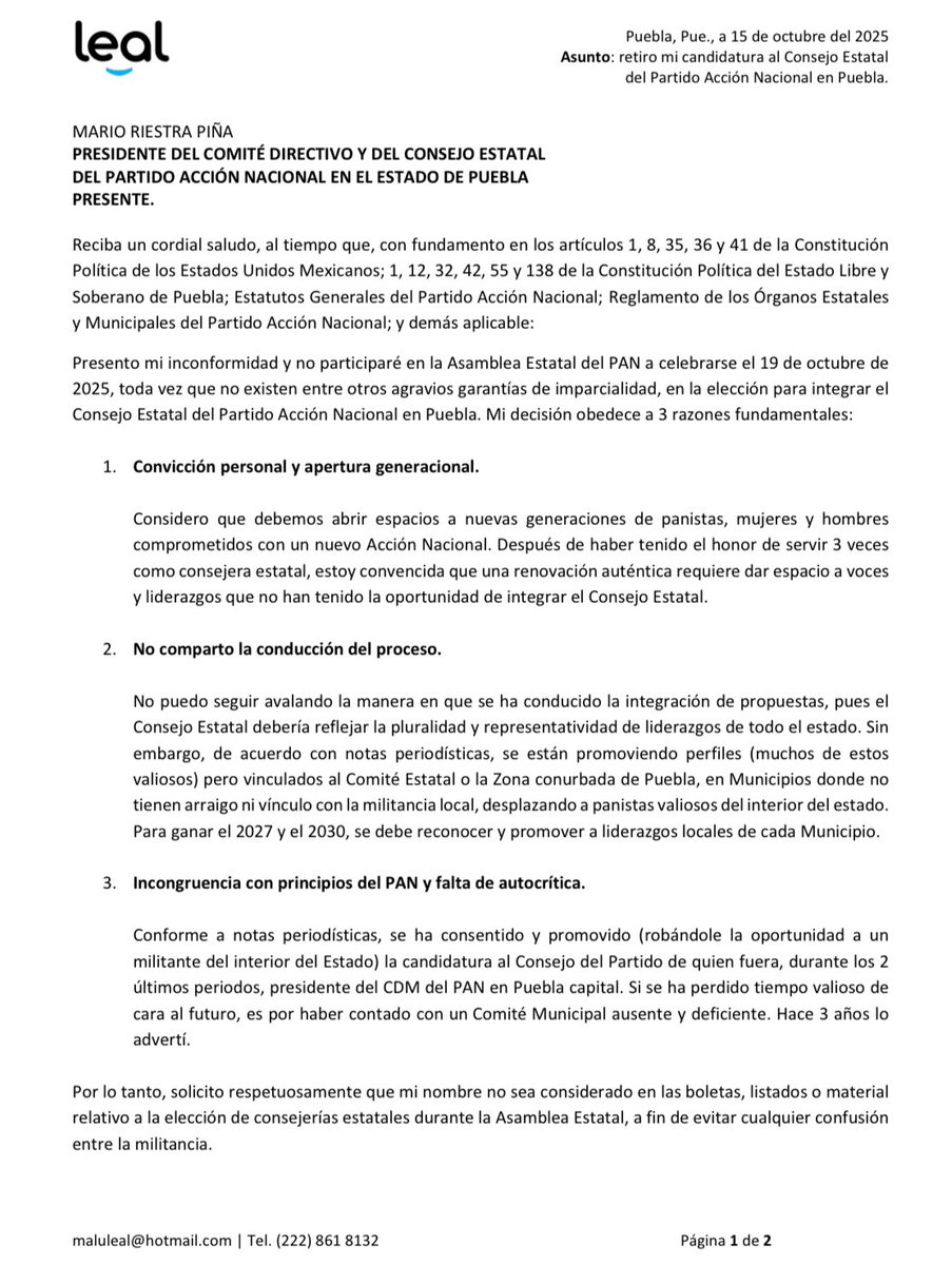 LupitaLeal_'s tweet photo. Por congruencia con la idea con que nació @AccionNacional y en coherencia con mi trayectoria dentro del partido, desde otros espacios, refrendo mi compromiso para renovar la visión del PAN, democratizar su vida interna y orientar su acción como instrumento ciudadano y de causas; siempre con lealtad.
