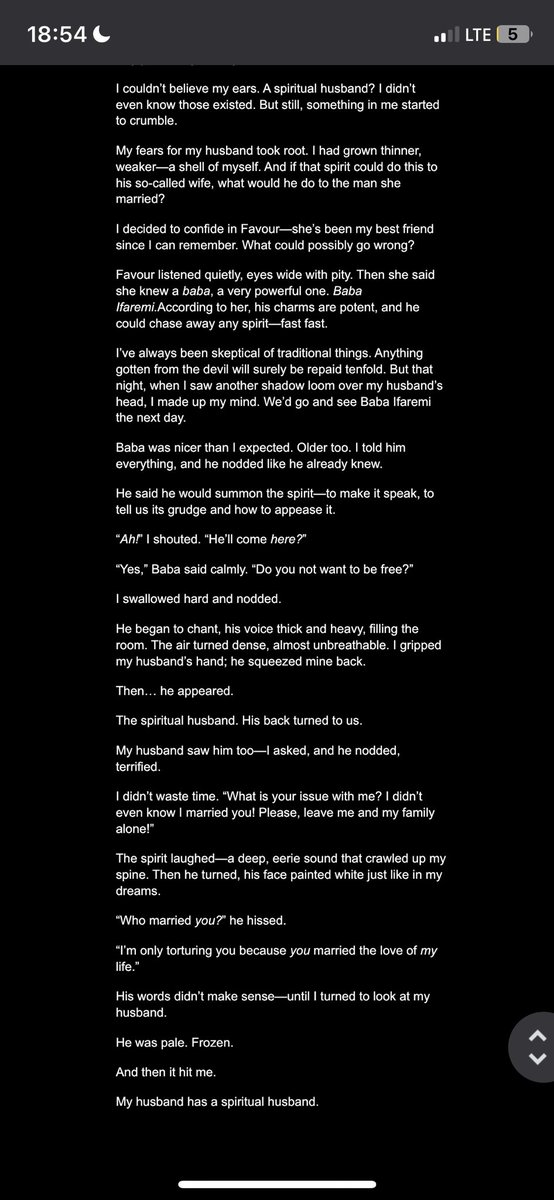 sekanixoxo's tweet image. Entry two— My spiritual husband?
I thought my only problem in this marriage would be in-laws.
Now I’m fighting spiritual side-chicks. 

Thank you for joining me on this ride😊