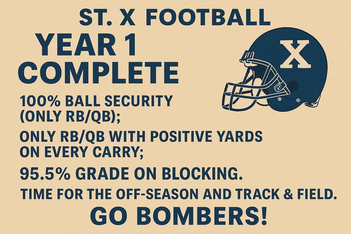 Finished the season, proud of my teammates and all the work we put in.  Highlights for Year 1; first quarter 4.39 GPA.  #TheProcess #RunTheBall <a href="/RUNBYU/">COACH T, M.Ed., HSSCC, USAW,FMS</a> <a href="/StXFB/">Bomber Football</a> <a href="/NDFootball/">Notre Dame Football</a> <a href="/ClemsonFB/">Clemson Football</a> <a href="/WakeFB/">Wake Forest Football</a> <a href="/HailStateFB/">Mississippi State Football</a> <a href="/DukeFOOTBALL/">Duke Football</a> <a href="/GeorgiaTechFB/">Georgia Tech Football</a> <a href="/Bostoncollegefb/">Boston College FB</a> <a href="/GamecockFB/">South Carolina Football</a> <a href="/RiceFootball/">Rice Football</a>