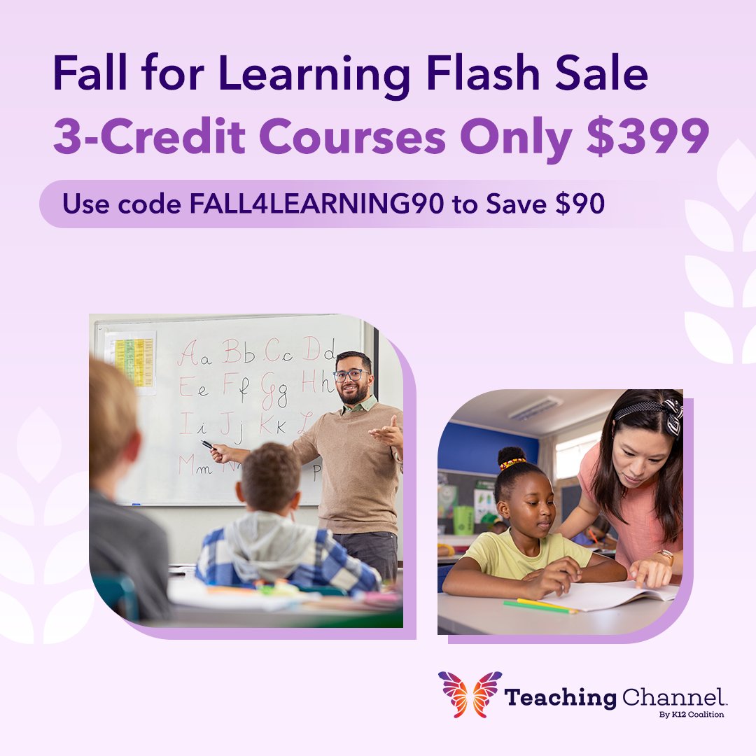 TeachingChannel's tweet image. Fall is for learning.

For three days only, get $90 off any 3-credit online course from Teaching Channel. All courses are 100 percent online, self-paced, and focused on practical classroom strategies you can use right away.

Use code FALL4LEARNING90 at checkout.