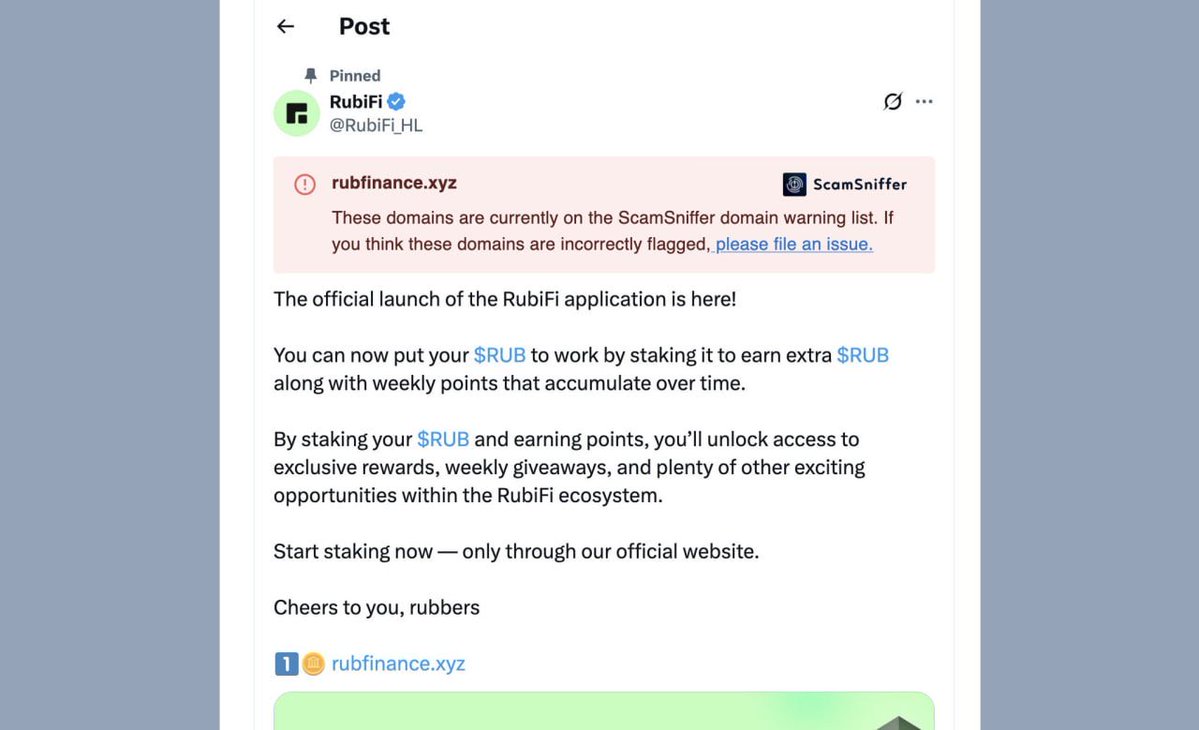 FaraanYW's tweet image. The official RubiFi X account was hacked and used to spread phishing links. Another reminder that even verified projects aren’t immune to attacks. Always double-check links before clicking: one second of attention can save months of losses.
Digital security should be a habit.