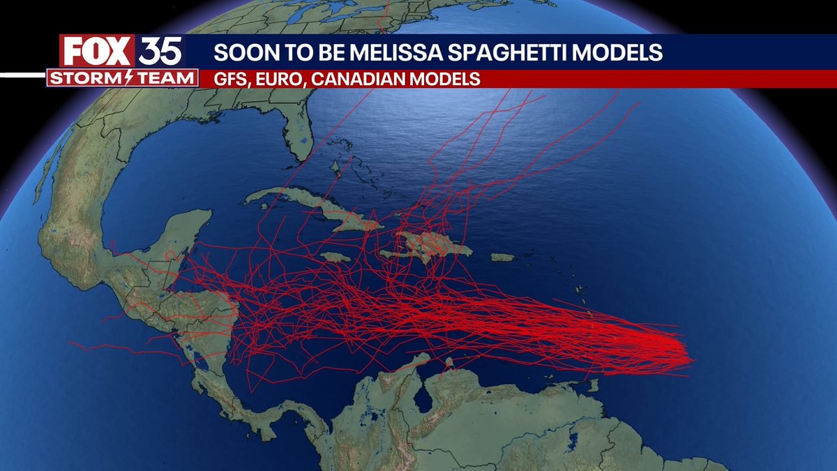 NbergWX's tweet photo. NEW: National Hurricane Center says now a high chance of Melissa forming in the Caribbean this week. The tropical invest wave is looking healthy on satellite, and is set to pass across some of the warmest water in the entire Atlantic going forward. The same questions remain of where is this thing going to go. Everyone from Florida to Puerto Rico and central America should continue to monitor the forecast. I think it's premature to "rule out" any particular path yet given highly complicated steering pattern in the atmosphere. Notice the early spaghetti models, very little agreement where it could go once formed.
