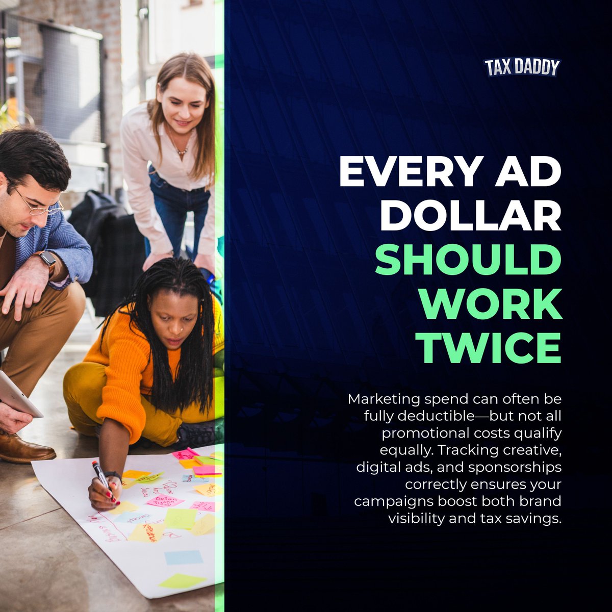 TaxDaddyInc's tweet image. Every marketing dollar can build your brand and lower your tax bill—if tracked right. Don’t leave ad deductions on the table.

Tax Daddy knows best—market smarter, save harder.

#TaxDaddyKnowsBest #MarketingDeductions #SmartSpend