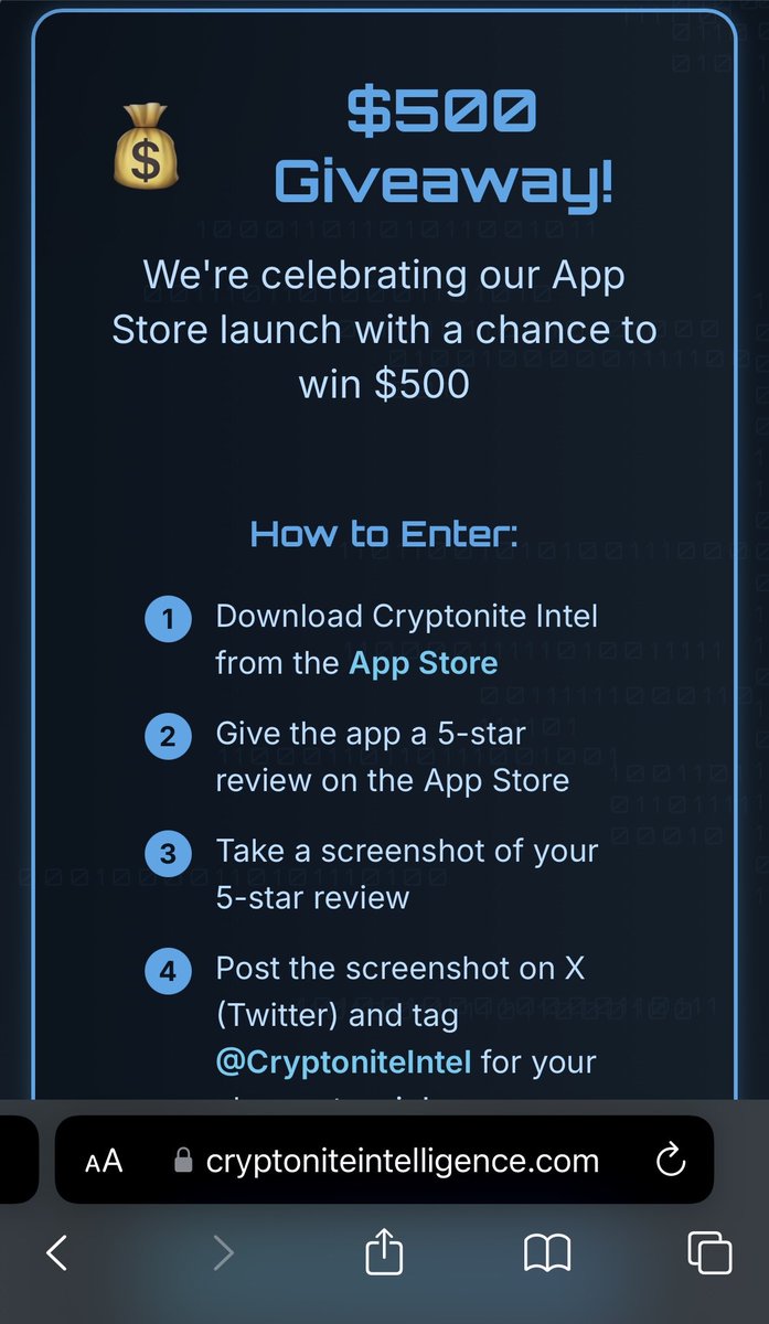 0xshahn's tweet image. Only one entry so far for the $500 prize.

If you haven’t joined yet, make sure to use the app for a while and leave a genuine 5-star review Apple can detect fake ones.

The contest ends on November 7, and the most popular review will win.

Big thanks to the team for organizing…