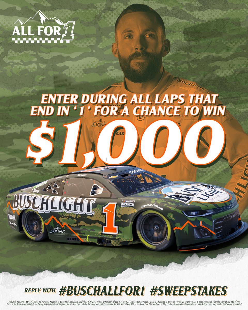 BuschBeer's tweet image. IT’S GO TIME IN TALLADEGA! LAP 1 is your first chance at $1,000​

REPLY NOW using #BuschAllFor1 #Sweepstakes to enter for a chance to win. #YellaWood500 @Talladega