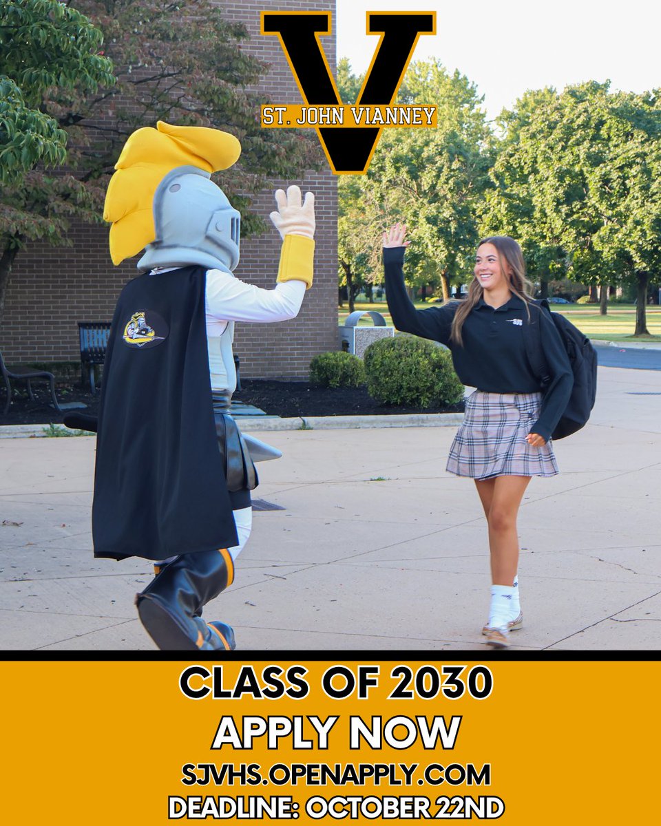 The countdown is on! Don’t miss your chance to join the Saint John Vianney High School Class of 2030! Apply before the October 22nd deadline. Application submission automatically registers the student for the HSPT at SJV on October 25th.
Apply here:
sjvhs.openapply.com