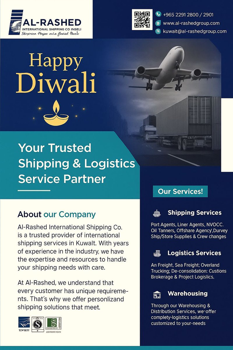 thetimesq8's tweet image. ✨ Wishing you all a Happy and Prosperous Diwali from Al-Rashed International Shipping Co.! ✨

May this Festival of Lights brighten your journey and bring success in every venture.

#HappyDiwali #AlRashedGroup #ShippingSolutions #LogisticsPartner #KuwaitBusiness #GlobalTrade