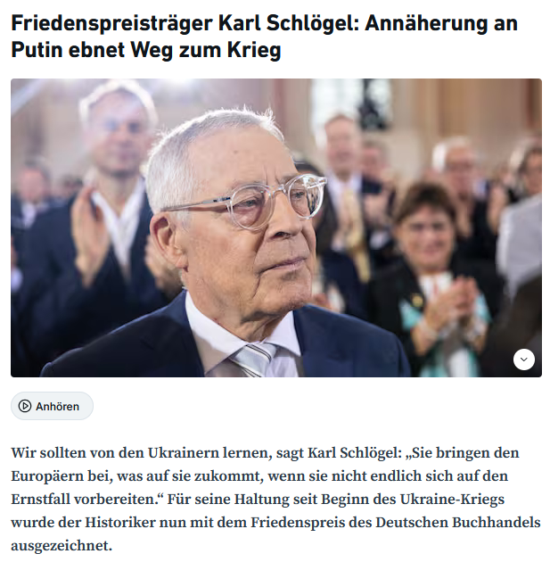 Einmal mehr zeigt sich die absurde Vergabepraxis bei deutschen Preisen und Auszeichnungen: Ausgerechnet er Osteuropa-Historiker Karl Schlögel wurde jetzt mit dem Friedenspreis des Deutschen Buchhandels geehrt.
Schlögel gehört seit Jahren zur "Kämpfen bis zum letzten