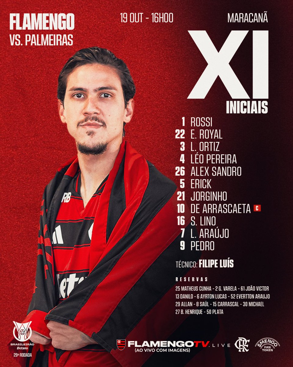 NOSSO TIME É A GENTE EM CAMPO! 

Confira a escalação do Mais Querido para enfrentar o Palmeiras, pelo @brasileirao! 

#FLAxPAL #StartingXI