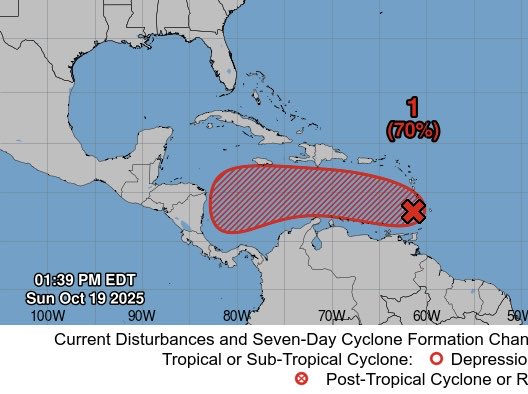 🔔ATENTOS🔔➖🔴AUMENTARON LAS PROBABILIDADES DE DESARROLLO 

El Centro Nacional de Huracanes ha aumentado a 30% (en 48 horas) y 70% 🔴(en 7 días) las probabilidades de desarrollo del Invest #98L.

Intereses en Puerto Rico, República Dominicana, Haití, Jamaica, Cuba, Nicaragua y