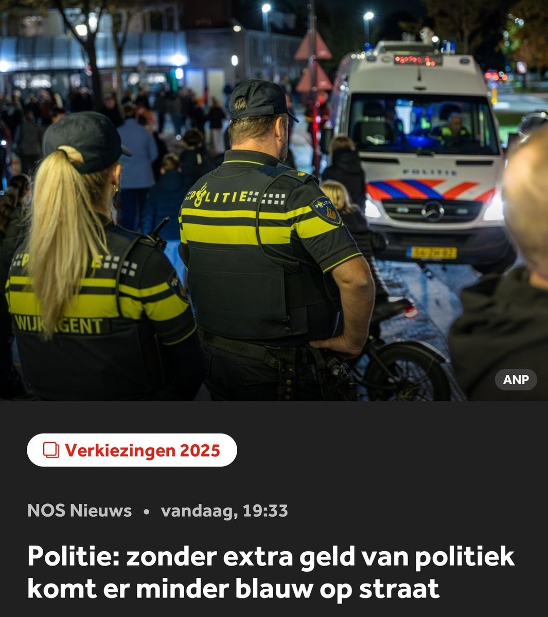Politie: zonder extra geld van politiek komt er minder blauw op straat. Voorzitter NPB <a href="/NineKooiman/">Nine Kooiman</a>: "350 miljoen erbij is de absolute ondergrens en dan krijg je er nog geen mensen bij. We hebben nu al #onderbezetting, zedenzaken blijven liggen."

nos.nl/collectie/1400…
#politie