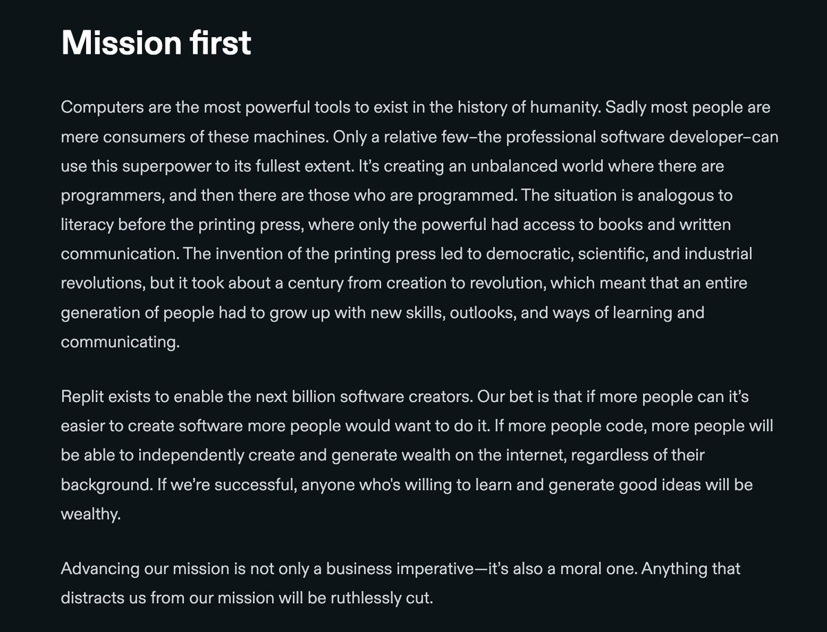 amasad's tweet image. One of Replit's operating principles.
Wrote this 5 years ago, and it's surprising how, despite so many things having changed, the values stay the same.