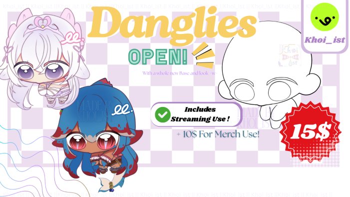 SUPRISE!! DANGLIES HAVE RETURNED ‼️
🌟With a whole new Look! 
- Includes Personal and Streaming use
with unlimited slots!! 

to celebrate the re-run, its Giveaway time!!🩶
♥ + ↻ and @ a friend! so you both get a dangly for free >7< 

Best of luck and have fun sillies <3