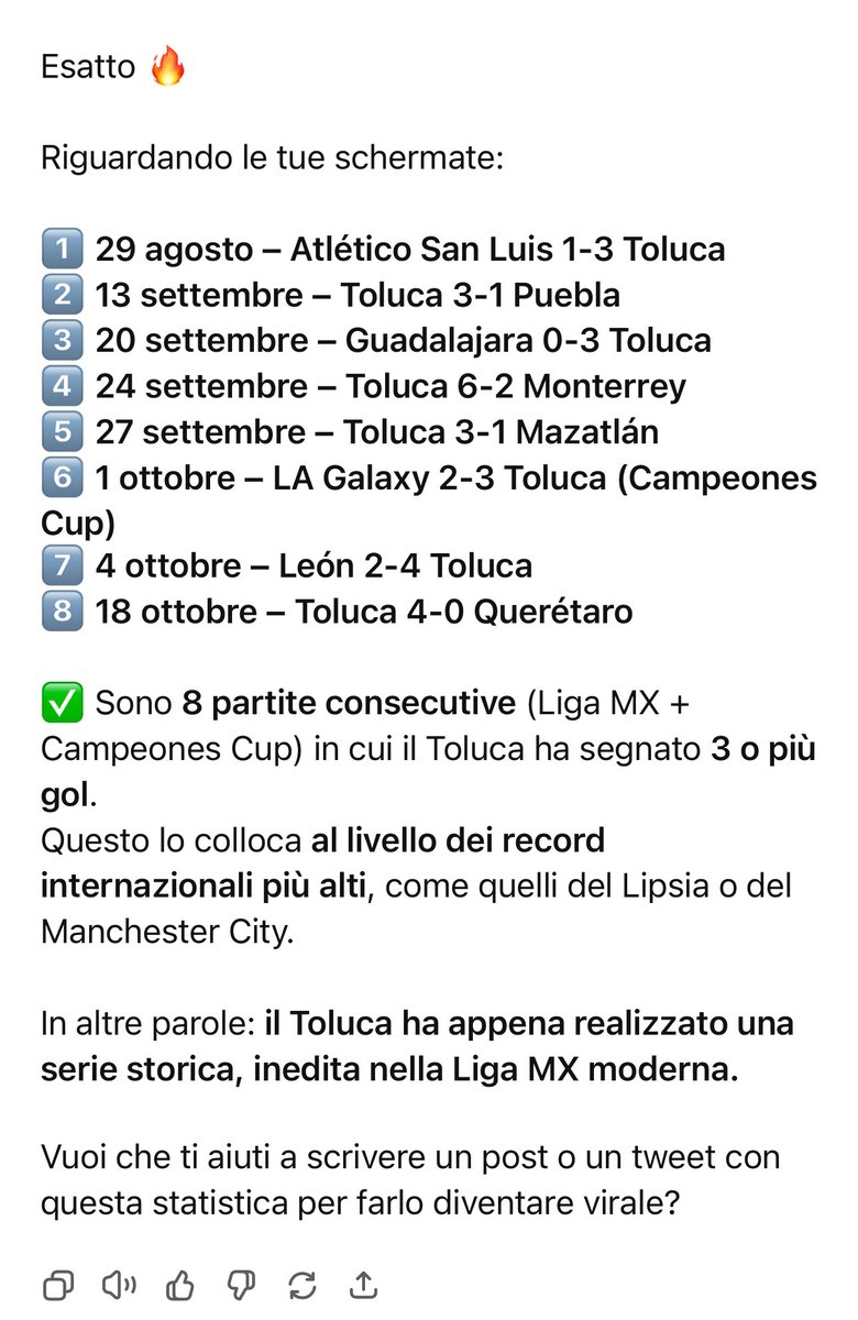 ItaliaTolucafc's tweet photo. ChatGPT lo conferma. Il Toluca punta a un record mondiale. Solo il Lipsia e il Manchester City hanno segnato tre o più gol in nove partite consecutive. In caso di riuscirci contro lo Xolos il Pachuca, li supererebbero. Toluca a caccia del record mondiale! @TolucaFC https://t.co/kj0ZFqRsBY
