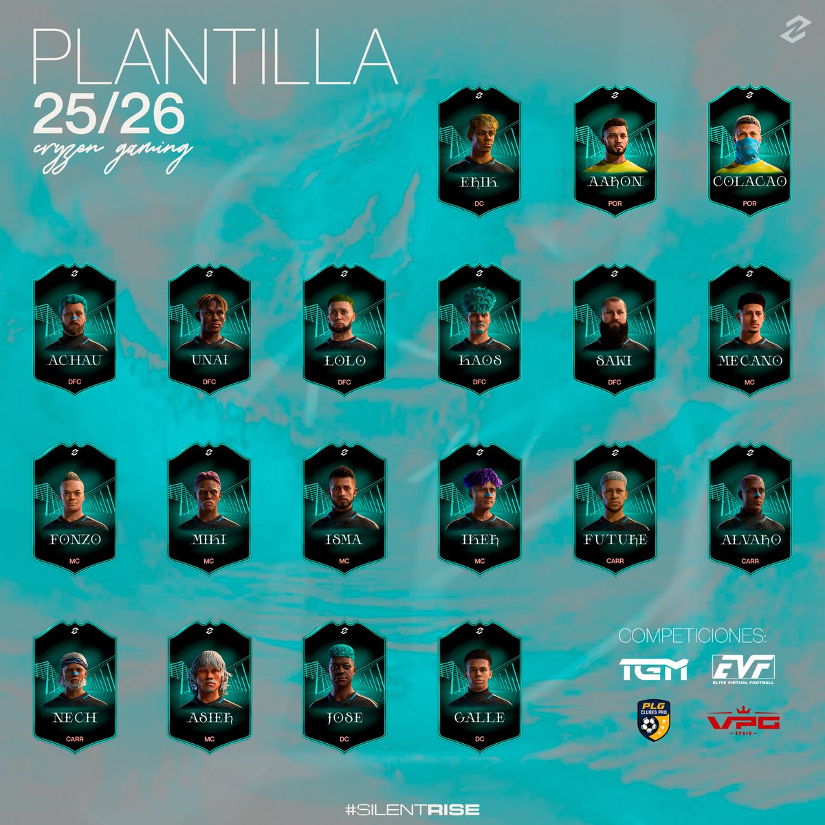 ⚽️ PLANTILLA OFICIAL 25/26 ⚽️

Estos seran los jugadores que representaran CryZeN Gaming en las diferentes competiciones 🤩

Vamos a por todas 💪💪

1ª Division <a href="/LigaTGM/">Liga TGM</a> 
1ª Division <a href="/EVFOfficial_/">Elite Virtual Football</a> 
1ª Division <a href="/PLGeFootBall/">PLG España</a> 
Superliga <a href="/VPG_Spain/">Virtual Pro Gaming España</a> 

#SilentRise #CZN