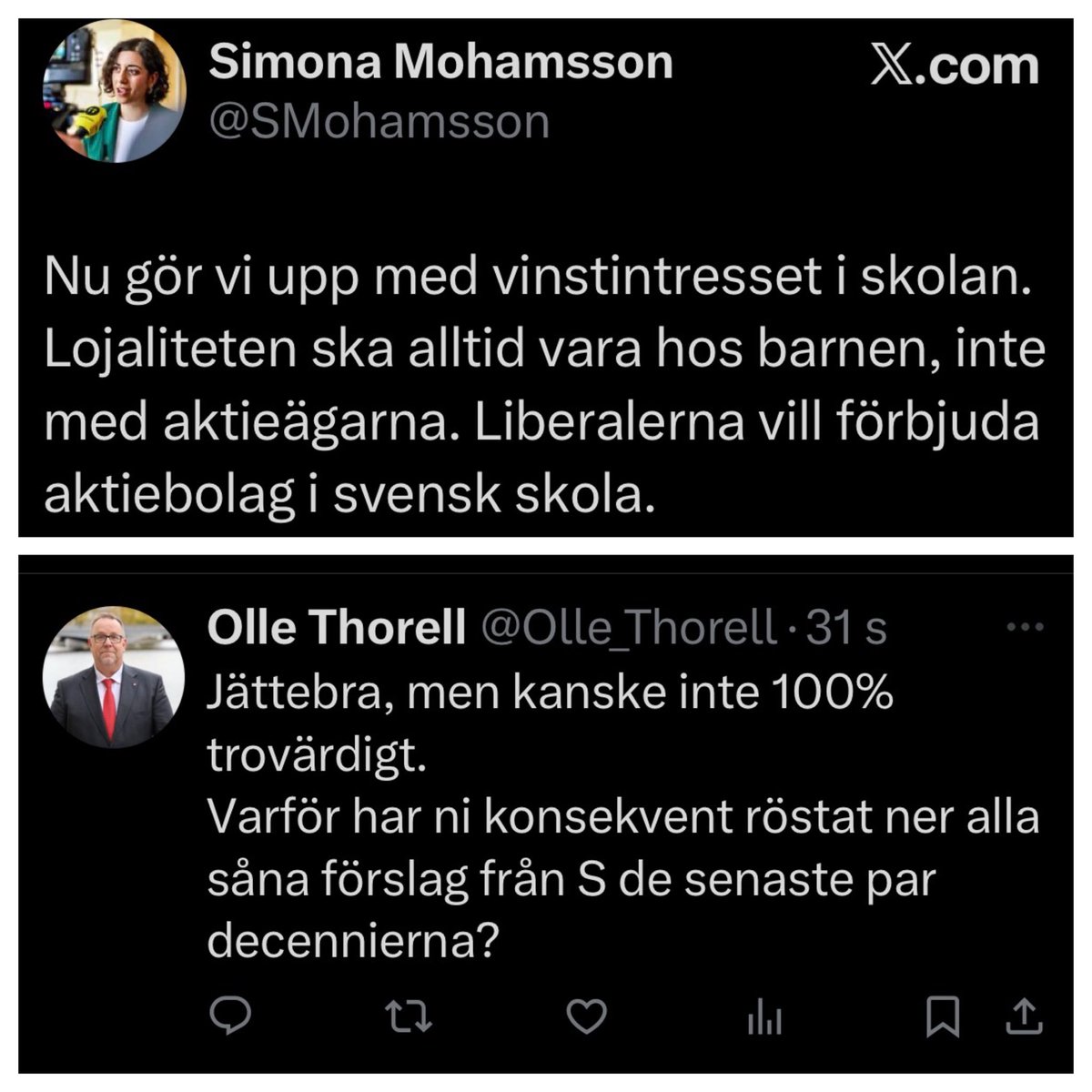 ”Liberalerna” (aka friskolelobbyns förlängda arm i riksdagen) sätter ner foten om vinstjakten i skolan.
Jättebra. 
Tänk om det vore trovärdigt också.

#svpol #S2026