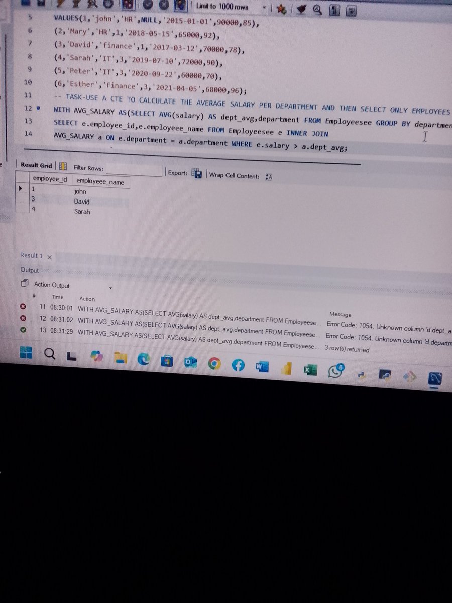 Etty_official's tweet image. Day 24 
I wrapped up a mini SQL project using:  
✨ CTEs + Recursive CTEs  
✨ ROW_NUMBER, RANK, DENSE_RANK  
✨ NTILE(), PARTITION BY  
Analyzed employee hierarchy, ranked top performers & compared salaries by department.  
#100DaysOfSQL #SQL #DataAnalytics #LearningInPublic