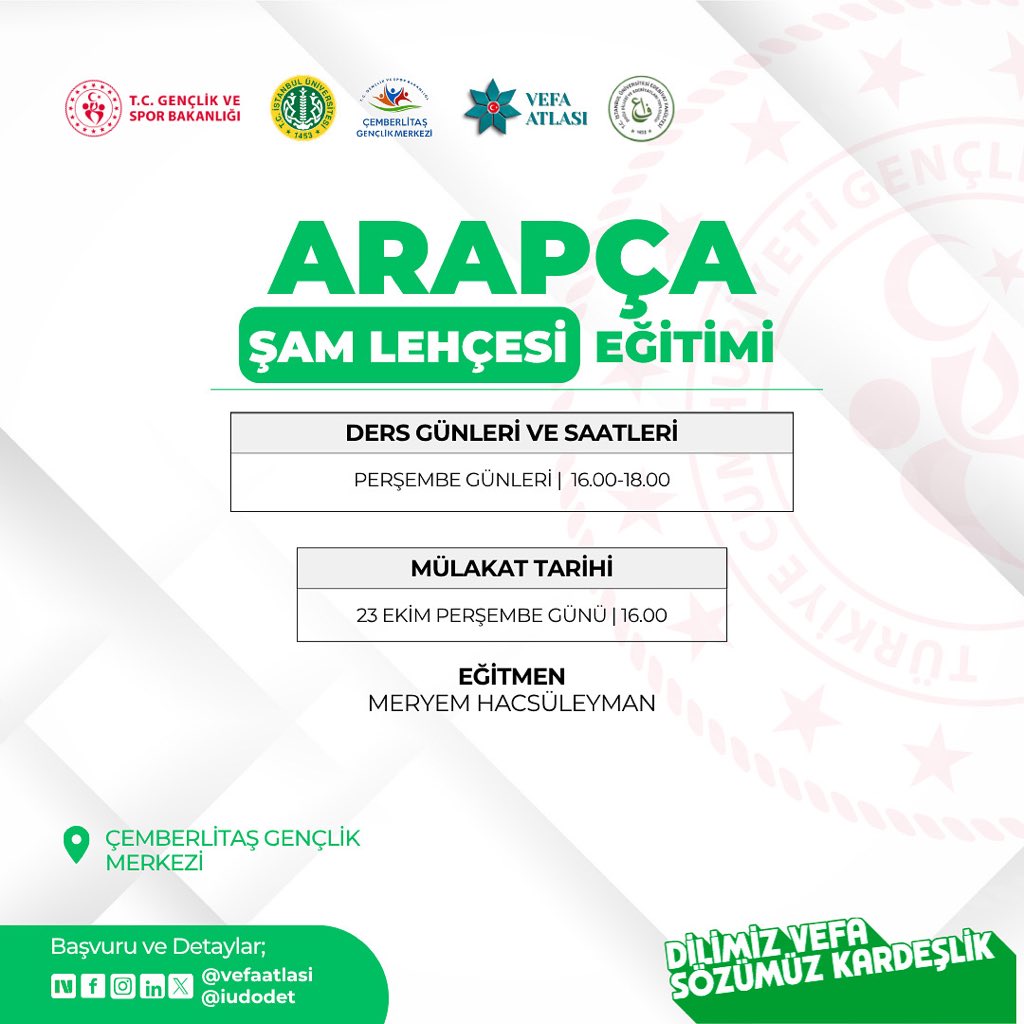 vefaatlasi's tweet photo. Arapça Şam Lehçesi Eğitimi Başlıyor! 🗣️✨

Vefa Atlası Projesi ve @iudodet iş birliğiyle düzenlenen Arapça Kursu, kültürel etkileşimi artırmak ve iletişim becerilerini geliştirmek isteyen tüm gençlere açık! 🌍🤝

Başvuru ve detaylar: https://t.co/927LzfDtYl https://t.co/1zSxZ1jBqG