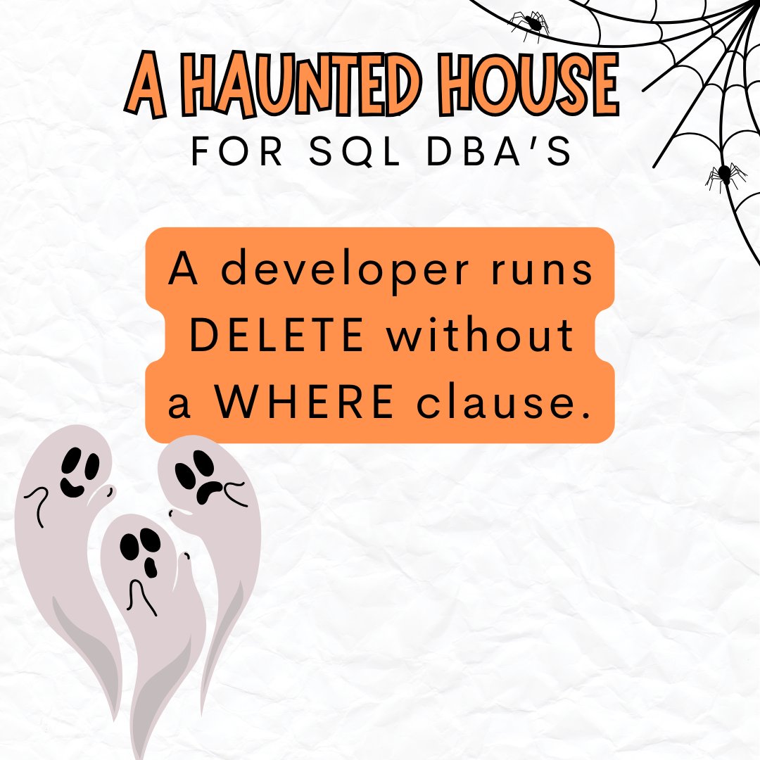 SQLGroup's tweet image. Inside every SQL DBA’s haunted house: missing backups, bad queries, and data deletes gone wrong.
#SQLServer #DatabaseAdministration #DBA #SQLPerformance #QueryStore #ExtendedEvents #PerformanceTuning #DatabaseRecovery #SQLCommunity #MicrosoftSQLServer
