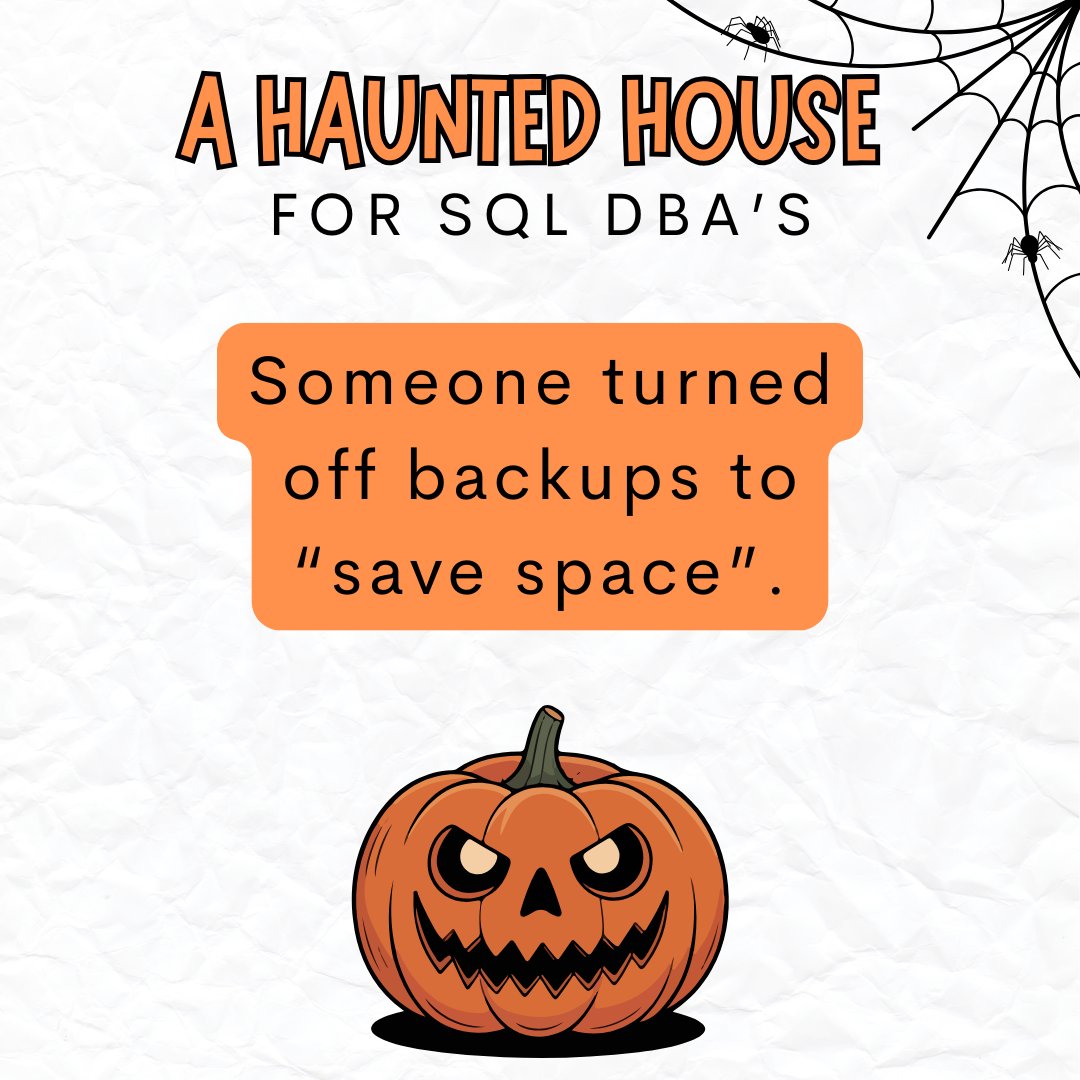 SQLGroup's tweet image. Inside every SQL DBA’s haunted house: missing backups, bad queries, and data deletes gone wrong.
#SQLServer #DatabaseAdministration #DBA #SQLPerformance #QueryStore #ExtendedEvents #PerformanceTuning #DatabaseRecovery #SQLCommunity #MicrosoftSQLServer