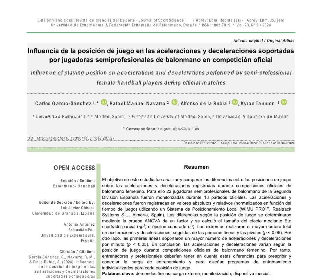 📋 10 papers sobre Demandas Físicas en Balonmano Femenino

1️⃣ Demandas competición élite - Systematic Review: doi.org/10.3390/ijerph…

2️⃣ Análisis por posición: doi.org/10.26773/mjssm…

3️⃣ Factores contextuales: doi.org/10.5114/biolsp…

4️⃣ Dif ACC-DEC: doi.org/10.17398/1885-…