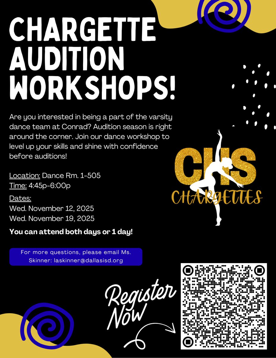 Calling all future Chargettes! 💫
Our DANCE WORKSHOPS is your chance to prepare for December auditions with focused training, technique tips, and choreography led by our team.
Come ready to work hard, learn, and have fun! 💖

Register at the link in our bio!! (Grades 8-11)