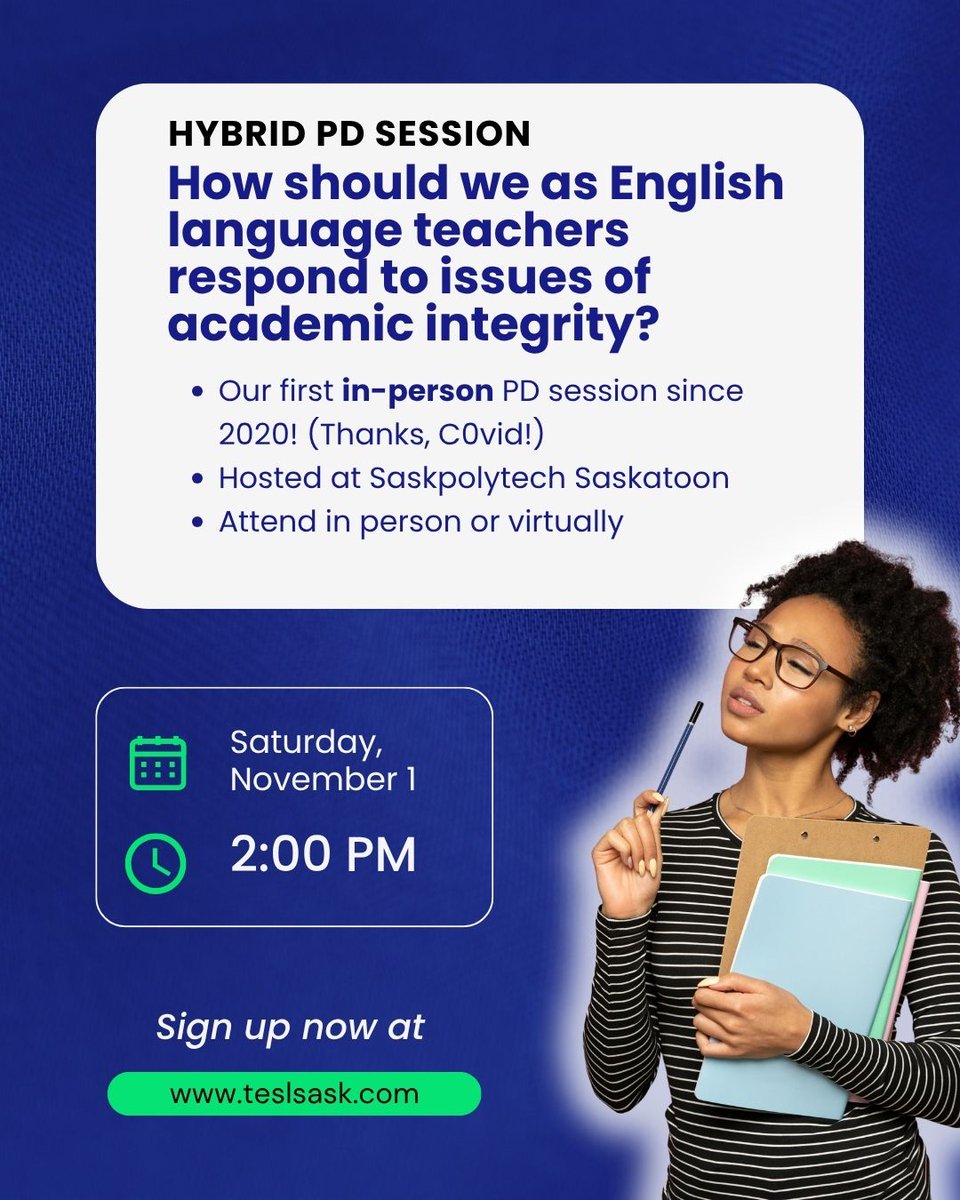 📅 Nov. 1 | 2 PM
📍 Hybrid – Online &amp; Saskatoon

Join Briercrest TESOL faculty &amp; trainees for an interactive session exploring linguistic, cultural &amp; ethical perspectives.

👉 Register: teslsask.com