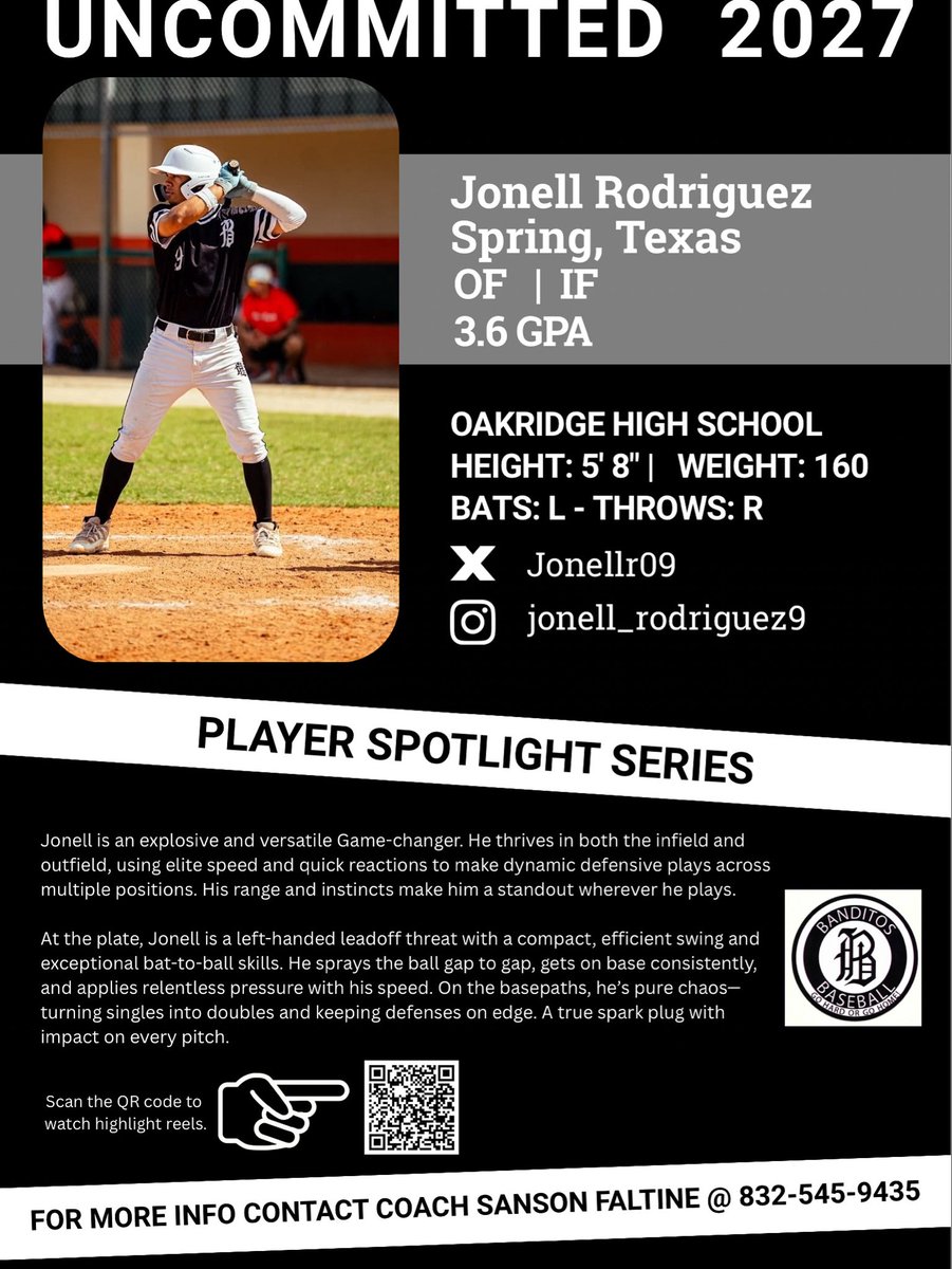 🎯 Uncommitted Player Spotlight
Today we’re shining a light on 2027 IF/OF Jonell Rodriguez and don’t let his size fool you. This young man is a straight-up BALLER.

Jonell’s the kind of player you love having on your side… but hate to face him. Clutch moments? That’s his stage.