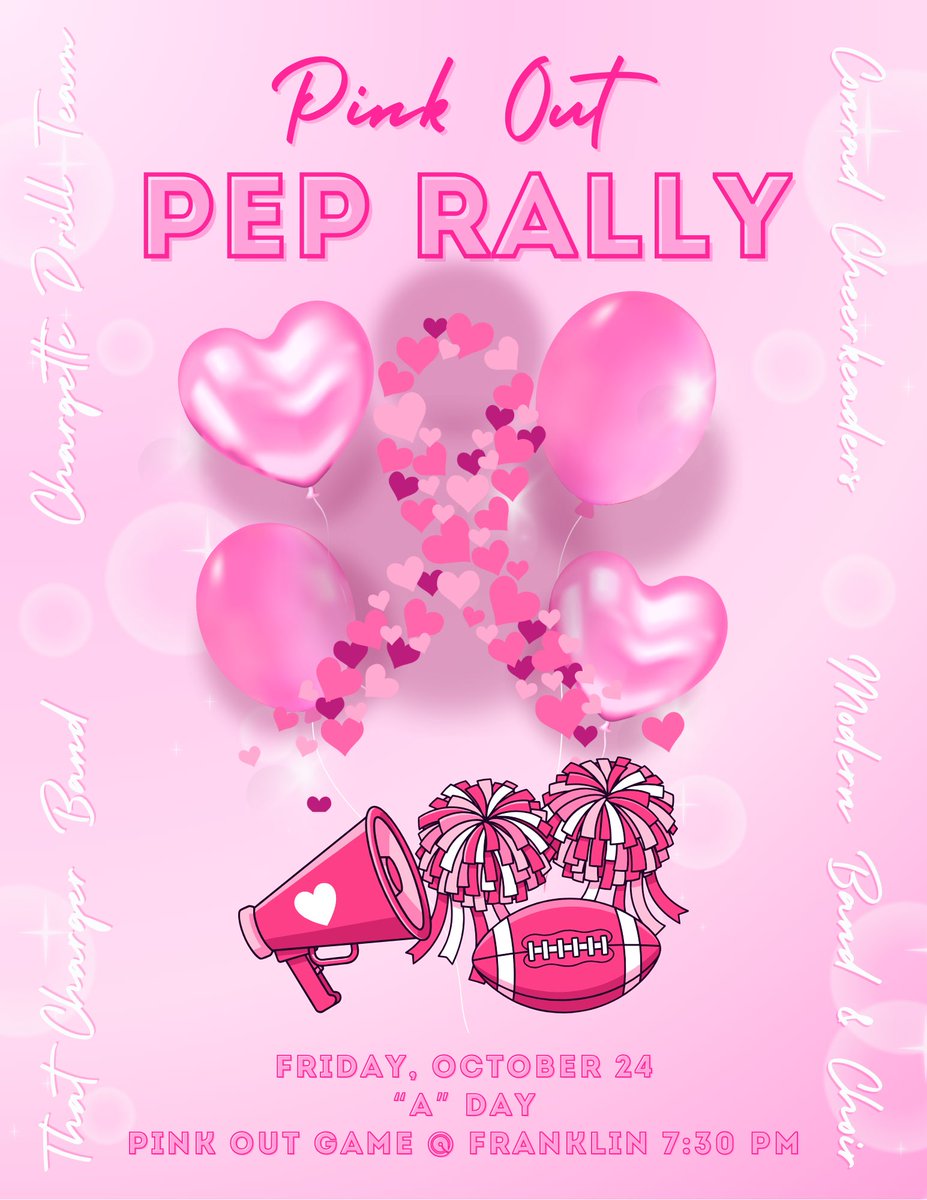 💗 PINK OUT 2025! 💗
Get ready for our Pink Out Pep Rally and Game this Friday, October 24th! 
Come cheer on our team and catch performances by the Dance Team, Band, Cheerleaders, and more!

Game information: 
📍 Franklin Stadium
⏰ Game starts at 7:30 PM

Let’s fill the stands!