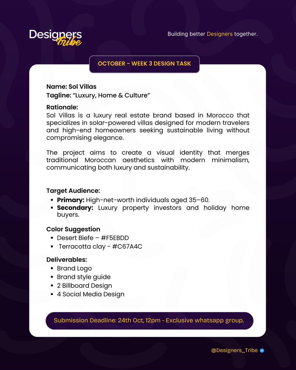 Designers_Tribe's tweet image. DESIGN BRIEF
FRAME 1 for Graphic Designers
FRAME 2 for Ui/Ux Designers
Brand Name: Sol Villas
Tagline: Luxury, Home & Culture
Target Audience 
Primary: High-net-worth individuals aged 35–60.
Secondary: Luxury property investors and holiday home buyers.
Industry: Real…