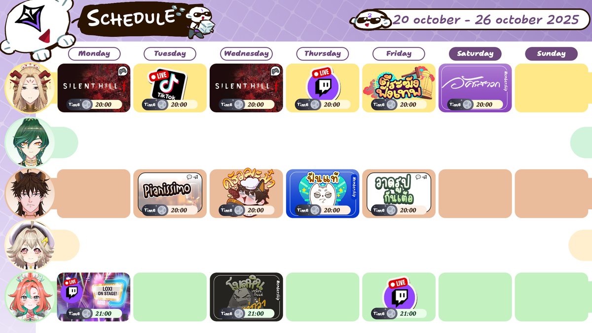 🎃 ตารางไลฟ์ประจำสัปดาห์ที่ 4 ของเดือนตุลาคม 2568 🎃
*กำหนดการอาจมีการเปลี่ยนแปลง ขอให้ติดตามได้ที่ twitter ของสมาชิกแต่ละคน*
#VTORY