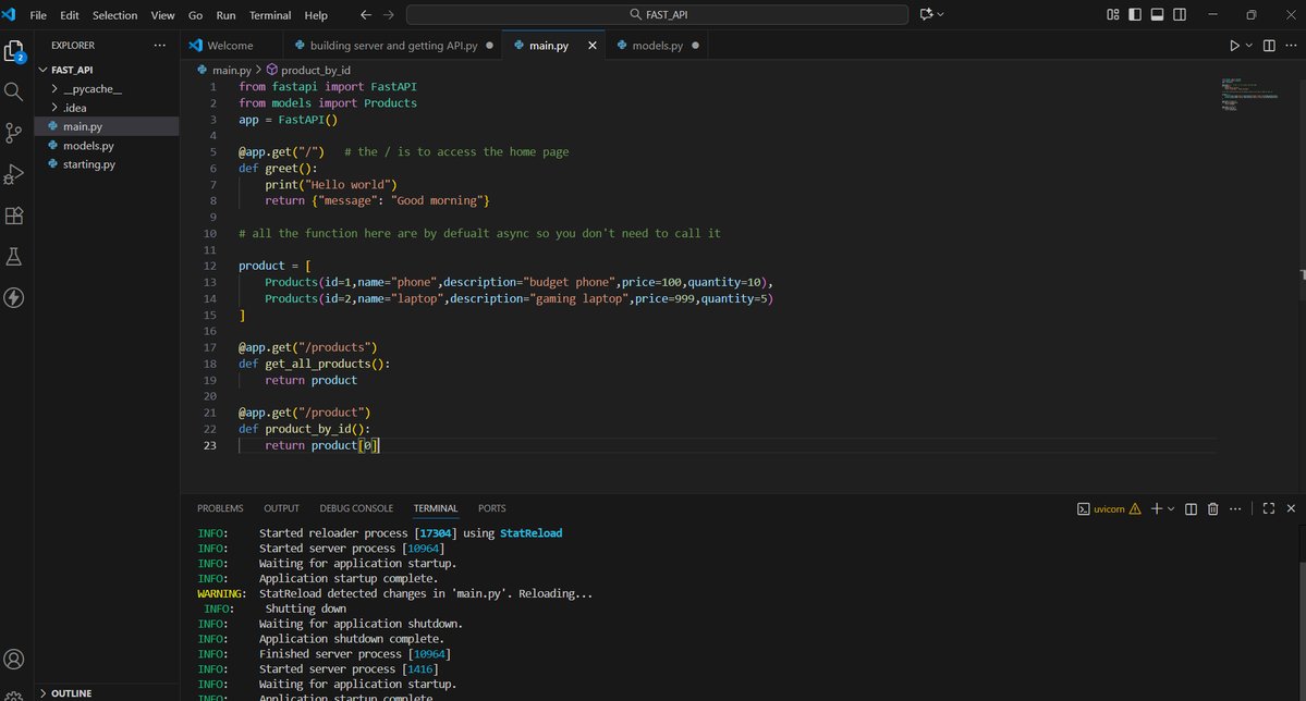 kayode_aki76318's tweet image. Day 14 🔗
Started learning about FastAPI endpoints today! 🚀
Built simple routes to fetch all products and get a product by ID — now I understand how requests and responses flow in an API🔥
Next: learn about POST requests & data validation.
#Day14 #FastAPI #Python #BuildInPublic
