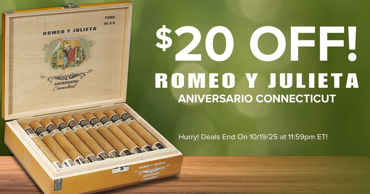 Last chance to save $20 on Romeo y Julieta Aniversario Connecticut—Thompson Cigar’s exclusive handmade blend with a creamy Connecticut wrapper and smooth, medium-bodied profile! 🔥 Ideal for any time of day. This offer ends tonight at 11:59pm ET!
bit.ly/4odLt2g