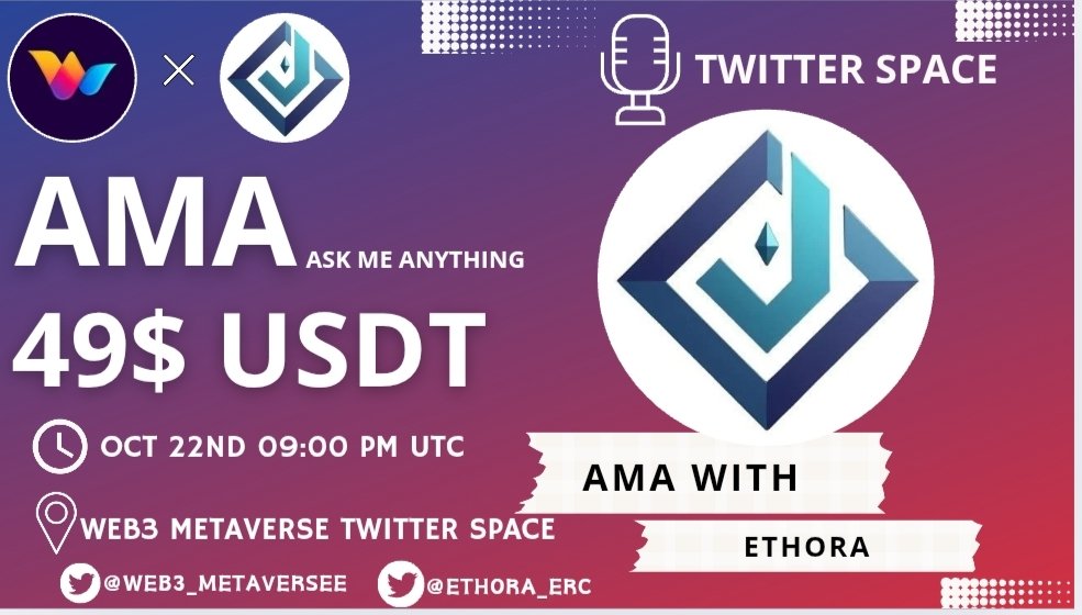 Web3_METAVERSEE's tweet image. 🥳 Web3 Metaverse x ETHORA Twitter Spaces AMA

⏰ Time: Oct 22nd, 09:00 PM  (UTC)
🎁 $49 for 5 Best Questions &amp;amp; More Winners On Live AMA

🔷Follow @ethora_erc
🔷Comment Questions &amp;amp; Tag 3 Friends
🎙️Set Reminder:- x.com/i/spaces/1DXxy…

#AMA #ETHORA #BNB