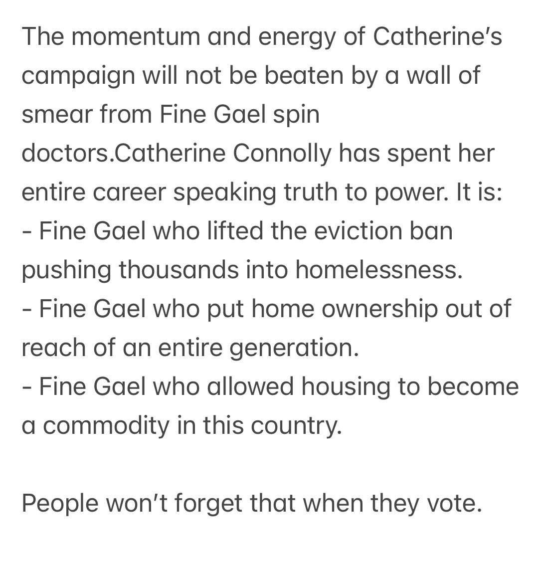 Conor Sheehan TD (@conorsheehan93) on Twitter photo The smear campaign by Fine Gael against Catherine Connolly is desperate in that it represents a new low in Irish politics and desperate in that is indicative of their scrambling campaign and lack of any vision for the presidency. #connollyforpresident The smear campaign by Fine Gael against Catherine Connolly is desperate in that it represents a new low in Irish politics and desperate in that is indicative of their scrambling campaign and lack of any vision for the presidency. #connollyforpresident